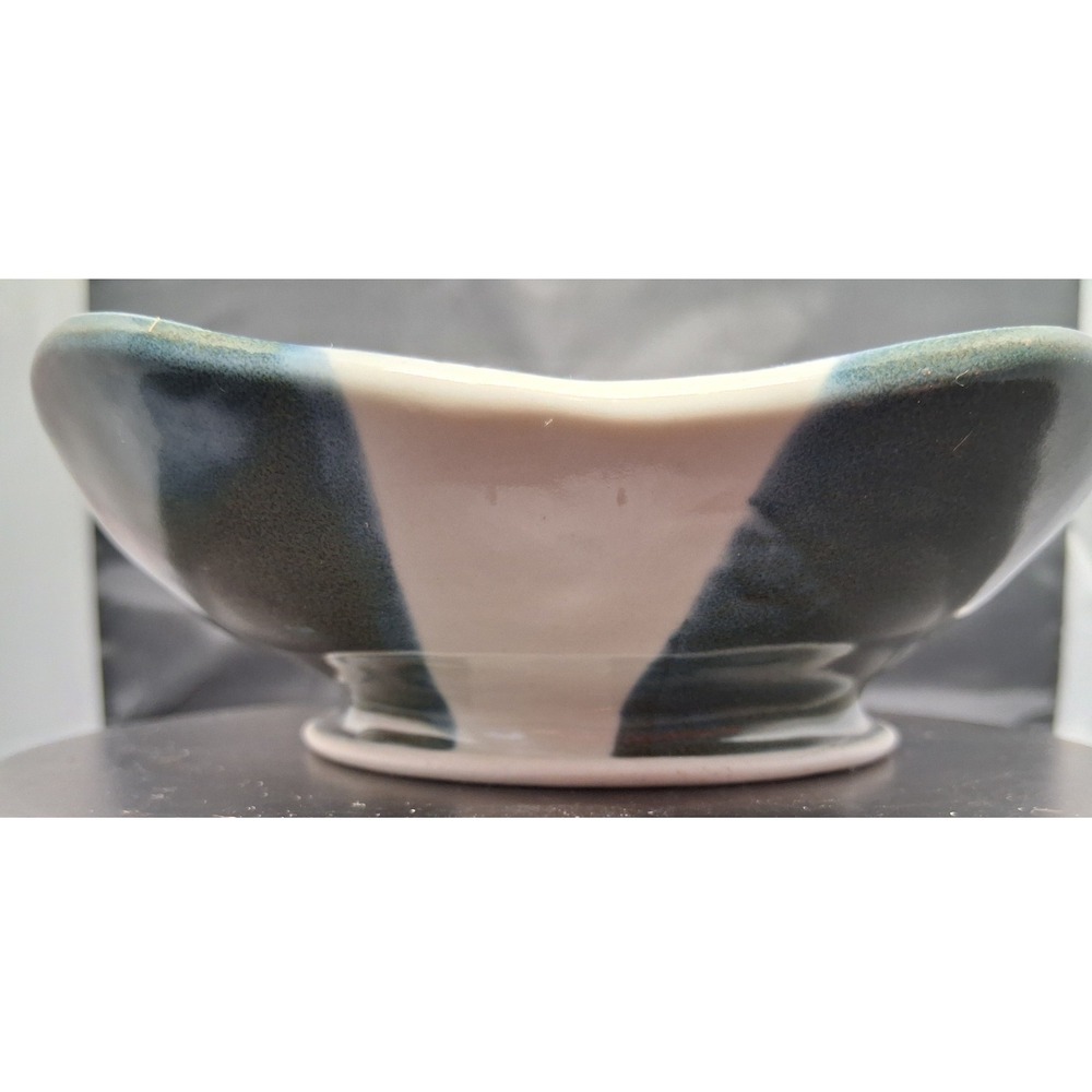 Seleski Studio Pottery Small Square Bowl Green Blue White Striped Signed 5.5"